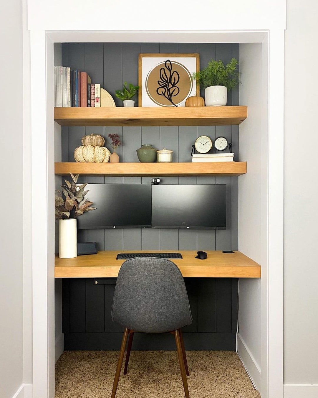 17. Charcoal Gray and Honey Oak Modern Closet Office Idea - closet office ideas