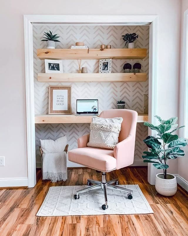 18. Blush Pink and Natural Wood Feminine Closet Office Idea - closet office ideas