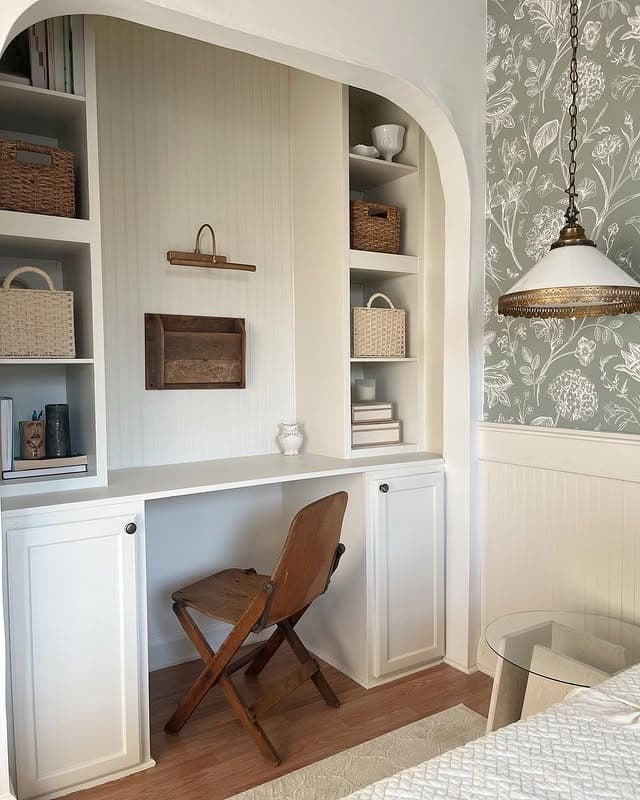 19. Cream White and Sage Gray Cottage Closet Office Idea - closet office ideas