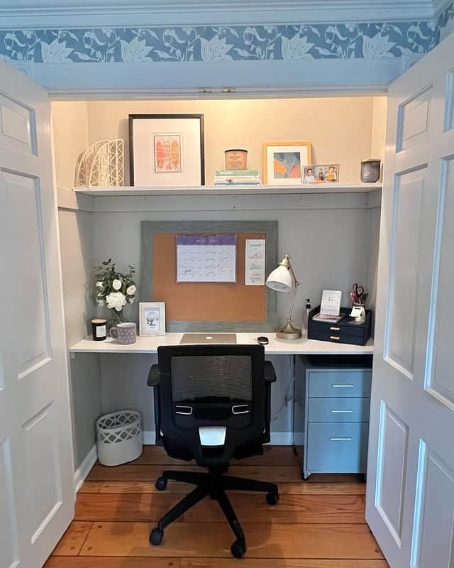 21. Soft Blue and White Organized Closet Office Idea - closet office ideas