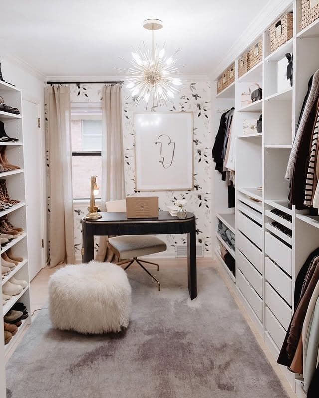 22. Elegant White and Black Luxury Walk-In Closet Office Idea - closet office ideas