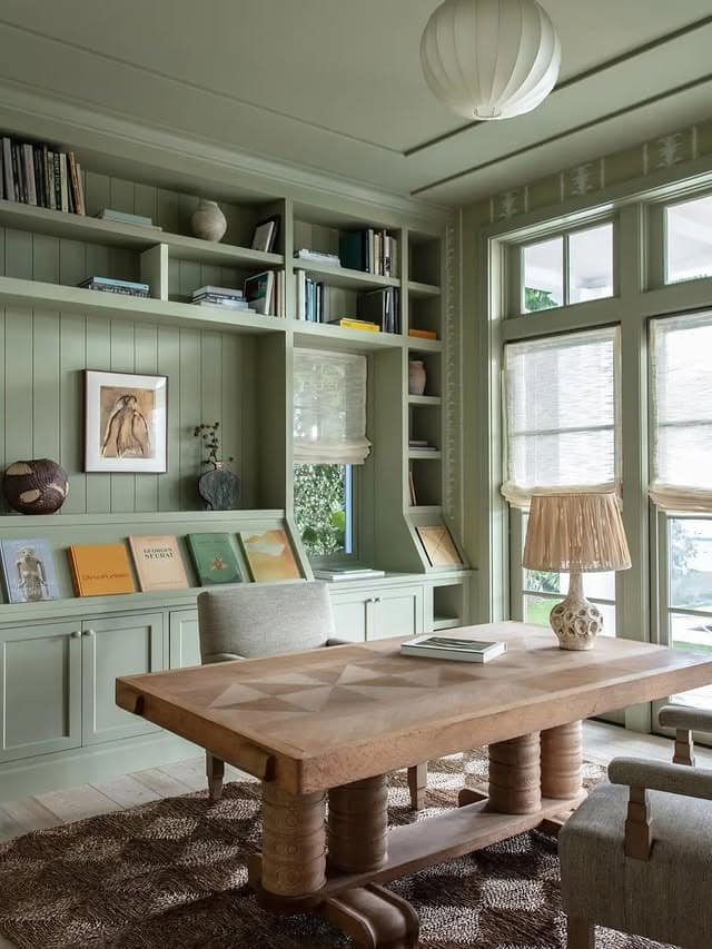 1. Elegant Sage Green Office with Built-In Bookshelves - sage green office ideas