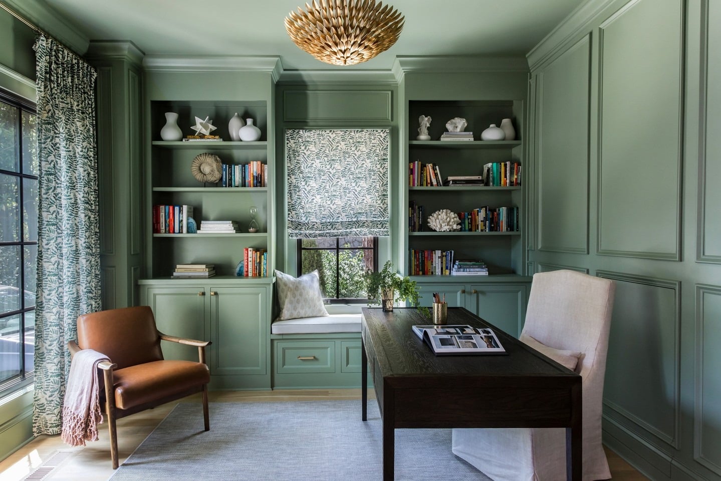 3. Classic Sage Green Office with Window Seat - sage green office ideas