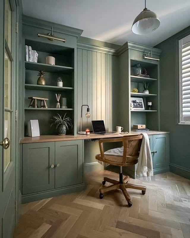 4. Cozy Sage Green Office with Wood Paneling - sage green office ideas