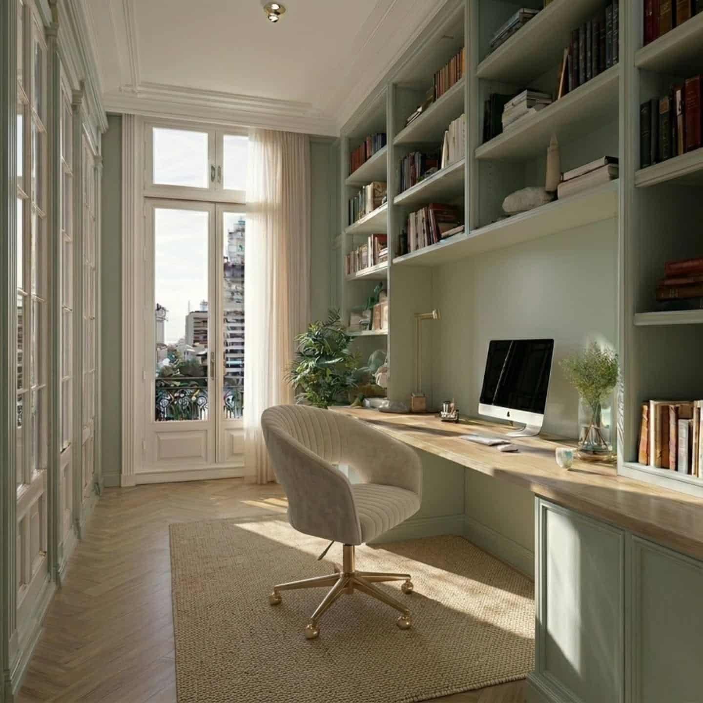 5. Light Sage Green Office with Elegant Built-In Desk - sage green office ideas