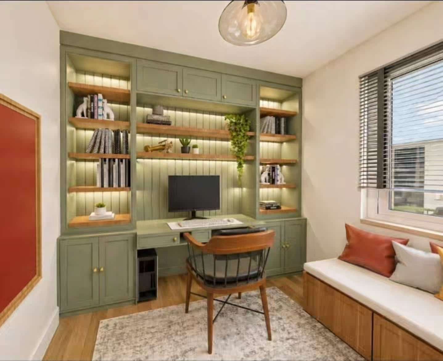 6. Modern Sage Green Office with Warm Wood Shelves - sage green office ideas