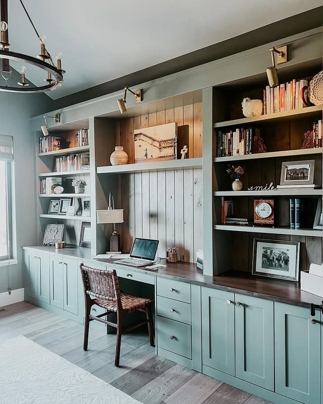 7. Rustic Sage Green Office with Farmhouse Built-Ins - sage green office ideas