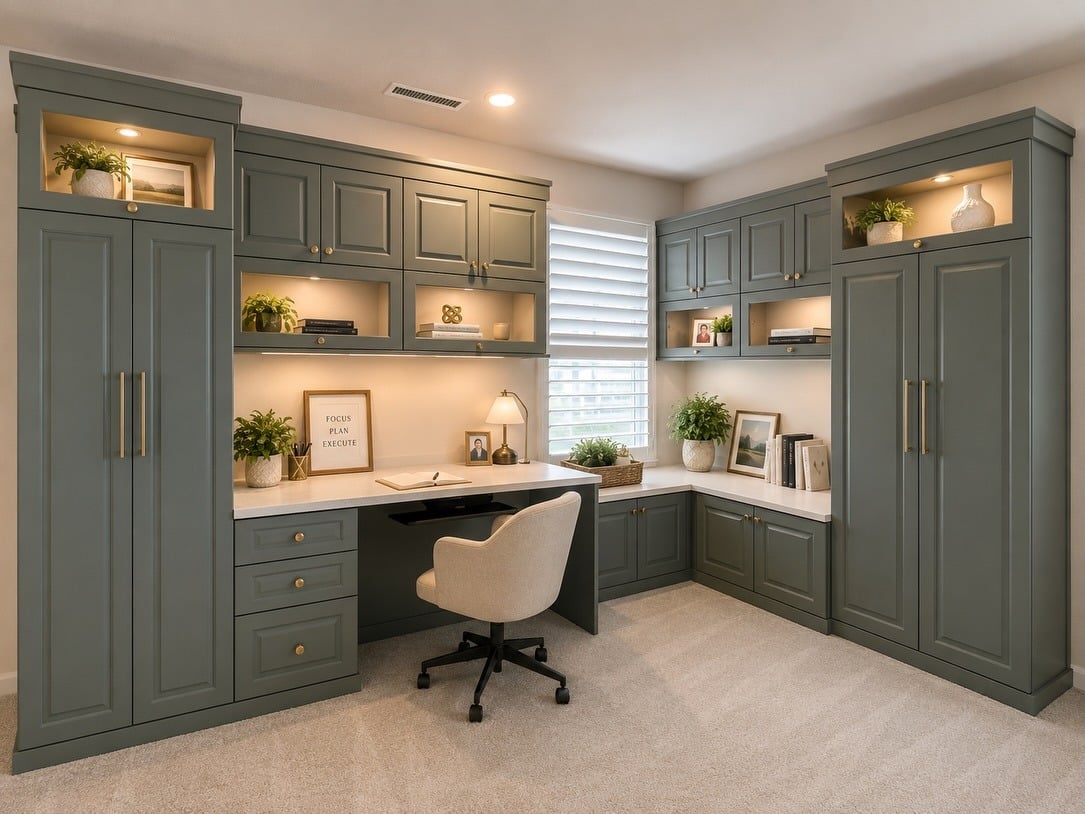 9. Sophisticated Sage Green Office with Corner Cabinets - sage green office ideas