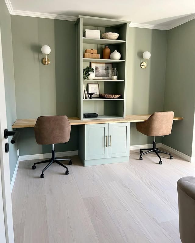 10. Minimalist Sage Green Office with Double Desk - sage green office ideas