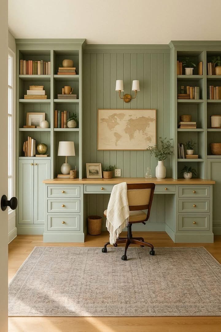 11. Elegant Sage Green Office with Symmetrical Built-In Shelves - sage green office ideas