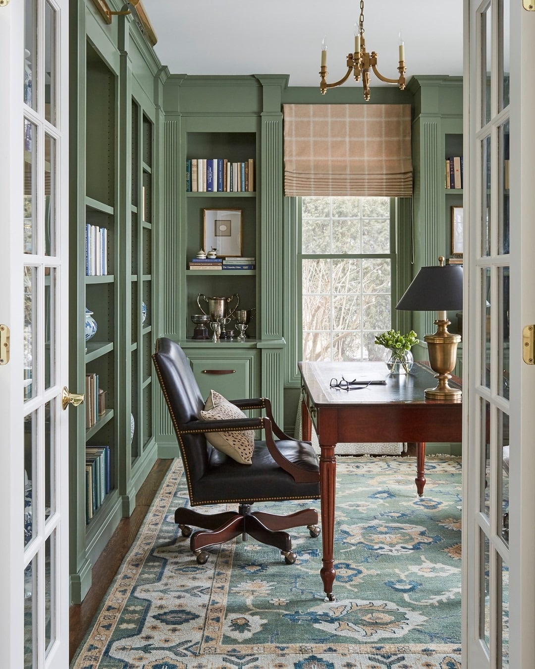 12. Traditional Sage Green Office with Vintage Wood Desk - sage green office ideas
