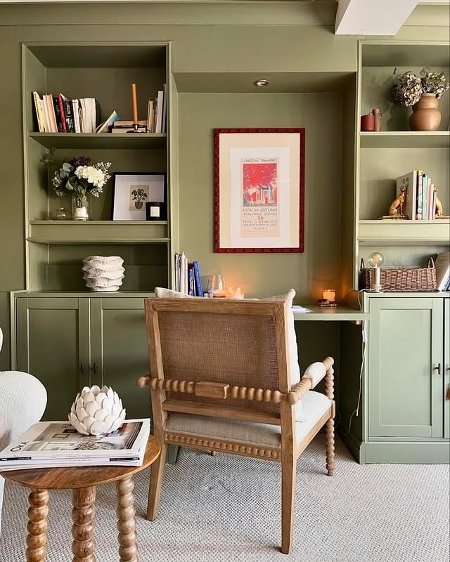 13. Cozy Olive Sage Green Office with Built-In Desk Nook - sage green office ideas
