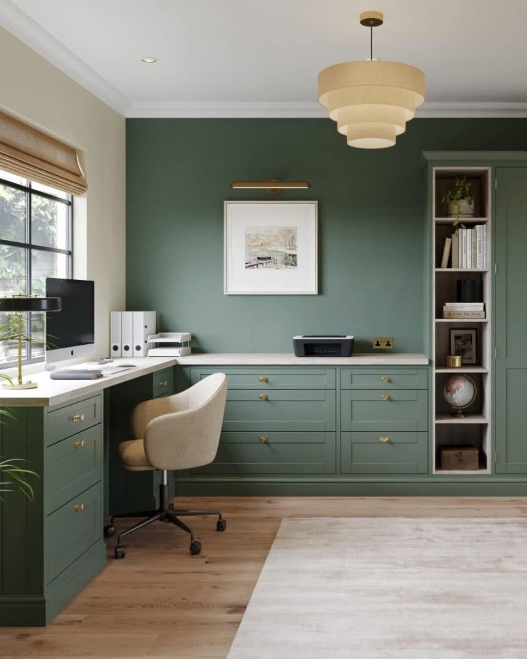 14. Modern Dark Sage Green Office with L-Shaped Desk - sage green office ideas