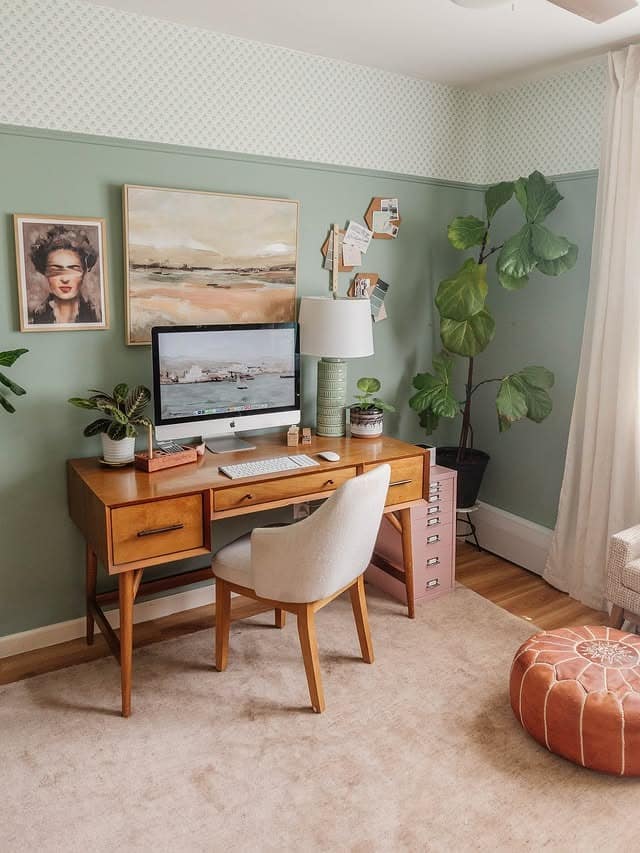 15. Vintage Sage Green Office with Mid-Century Wood Desk - sage green office ideas
