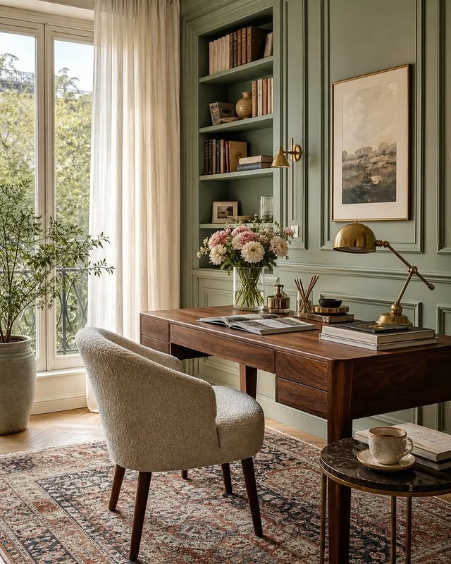 17. Luxury Sage Green Office with Walnut Wood Desk - sage green office ideas