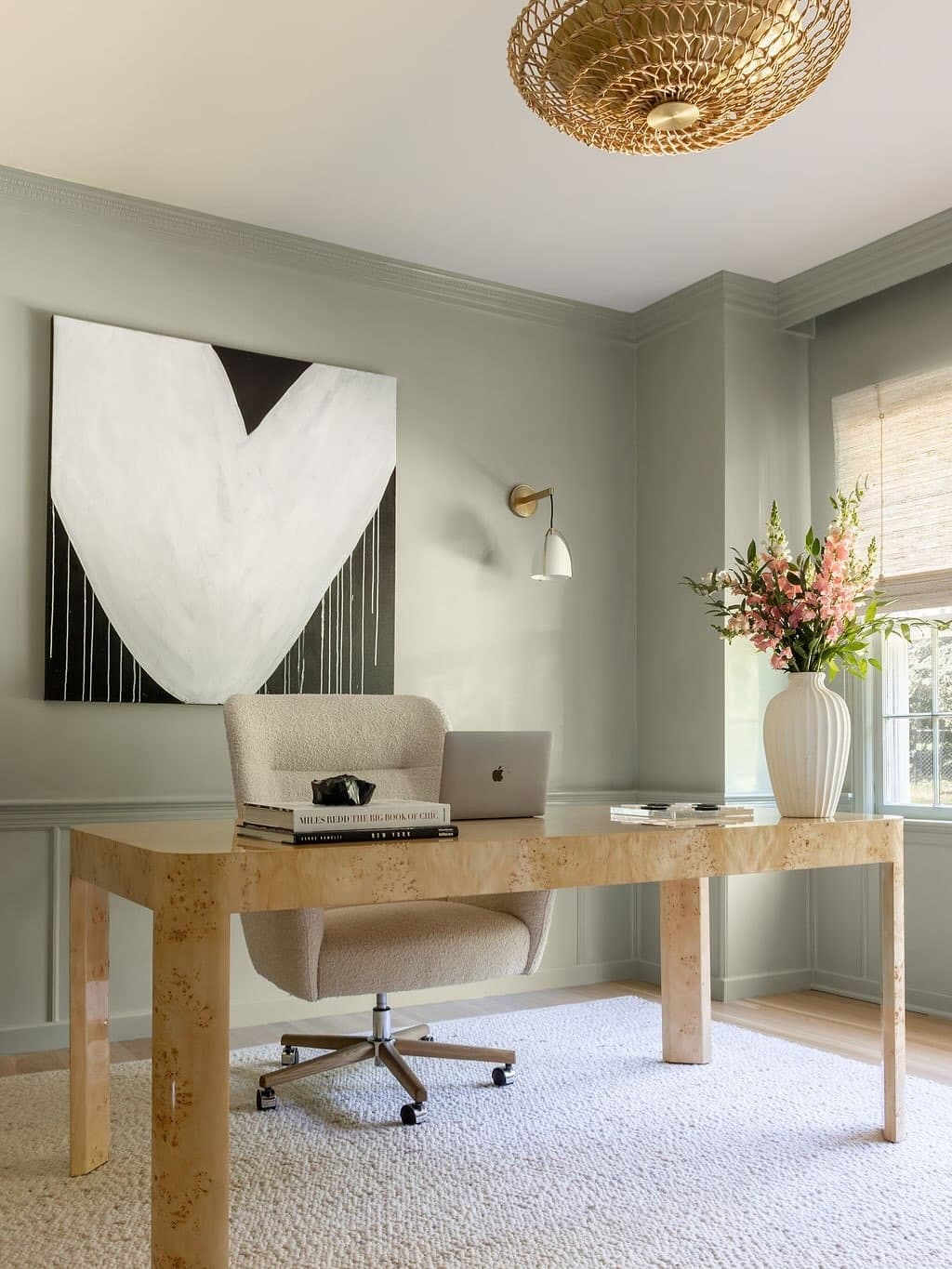 18. Contemporary Pale Sage Green Office with Statement Desk - sage green office ideas