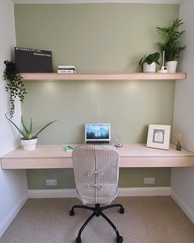 19. Simple Sage Green Office with Floating Wood Desk - sage green office ideas