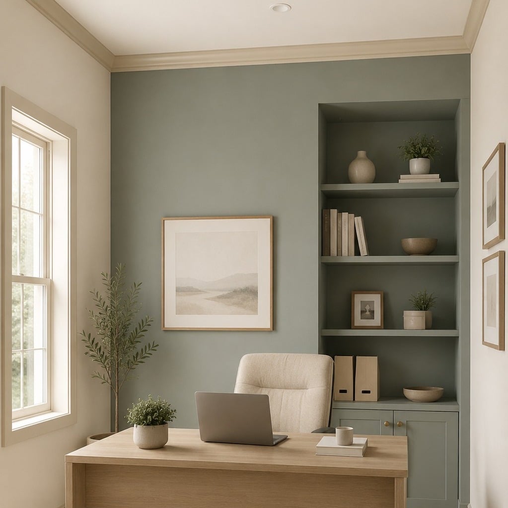 20. Soft Sage Green Office with Natural Oak Desk - sage green office ideas