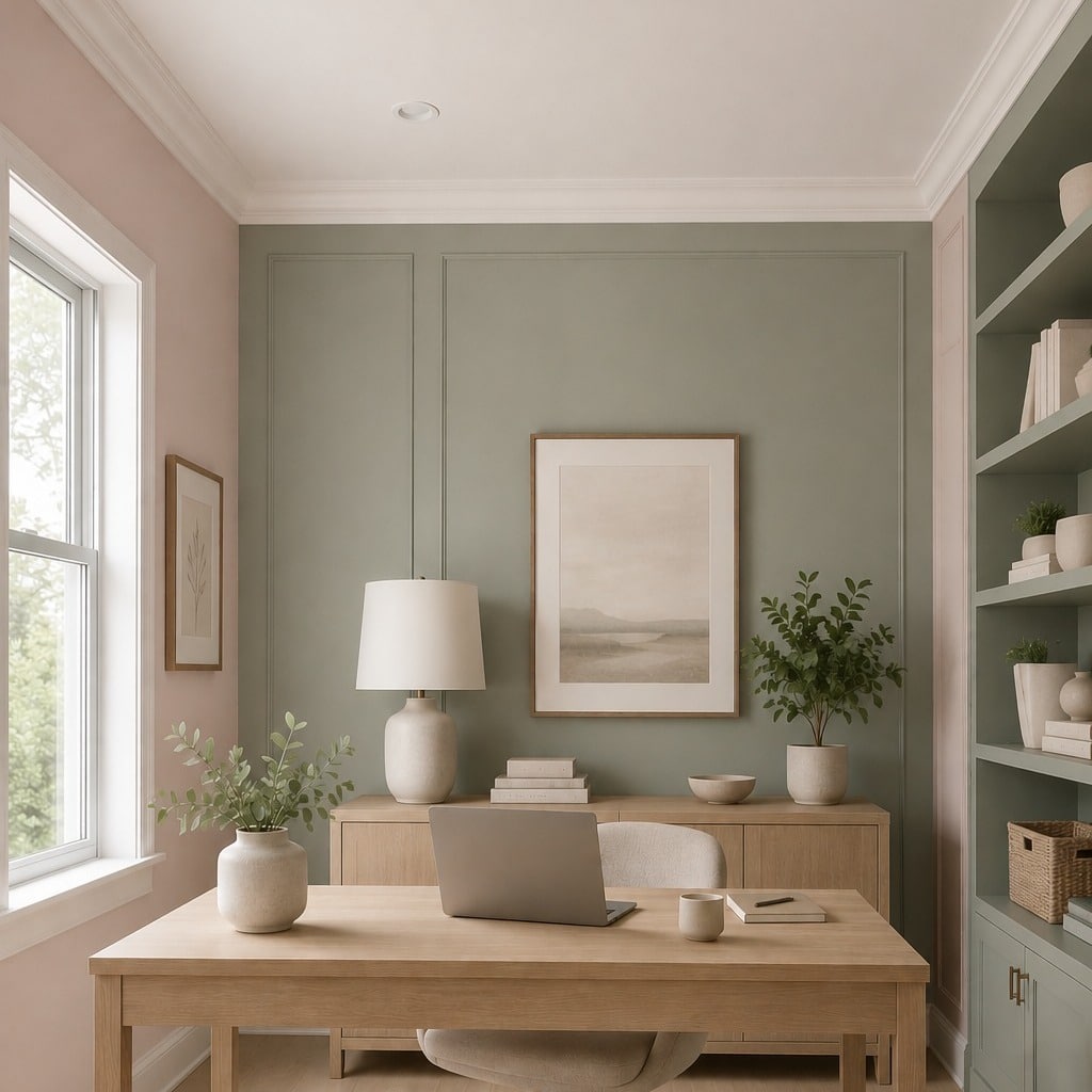 21. Soft Sage Green Office with Elegant Wall Molding - sage green office ideas