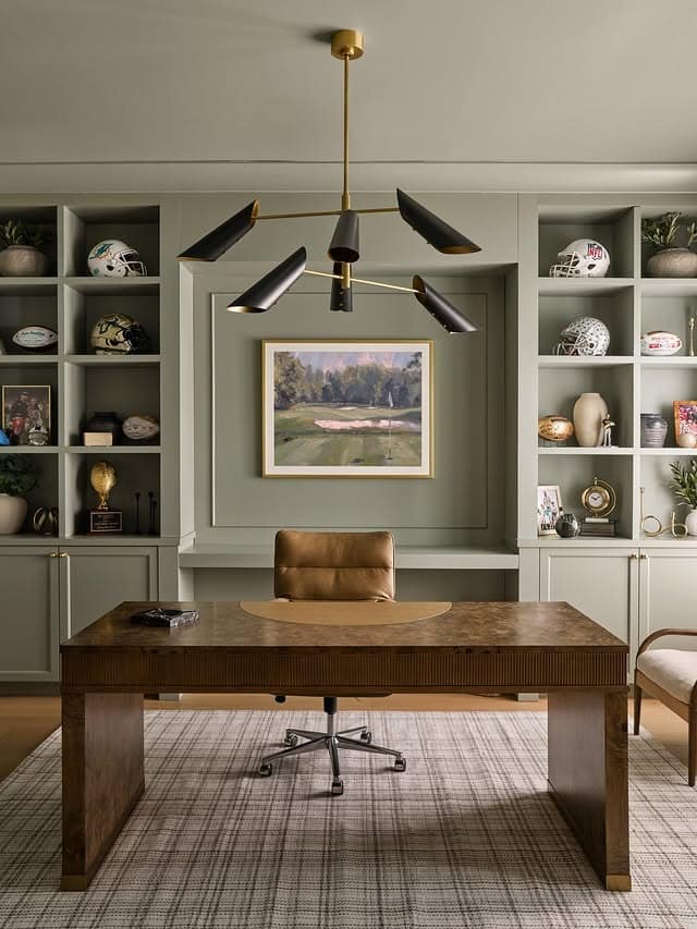 22. Modern Sage Green Office with Statement Wood Desk - sage green office ideas