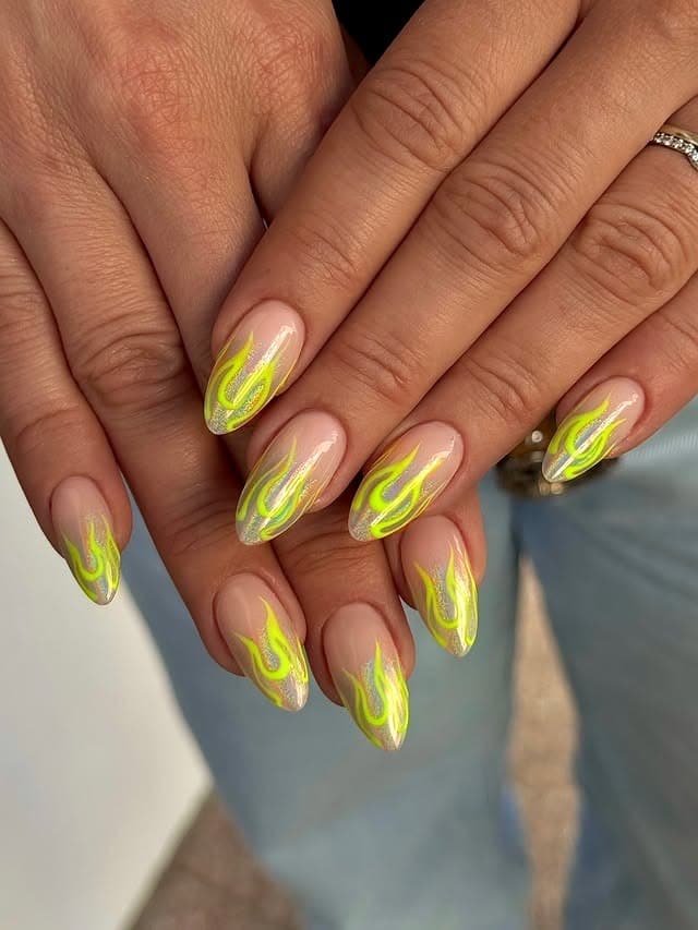 2. Neon Yellow Flame Almond Nails - flame nail ideas
