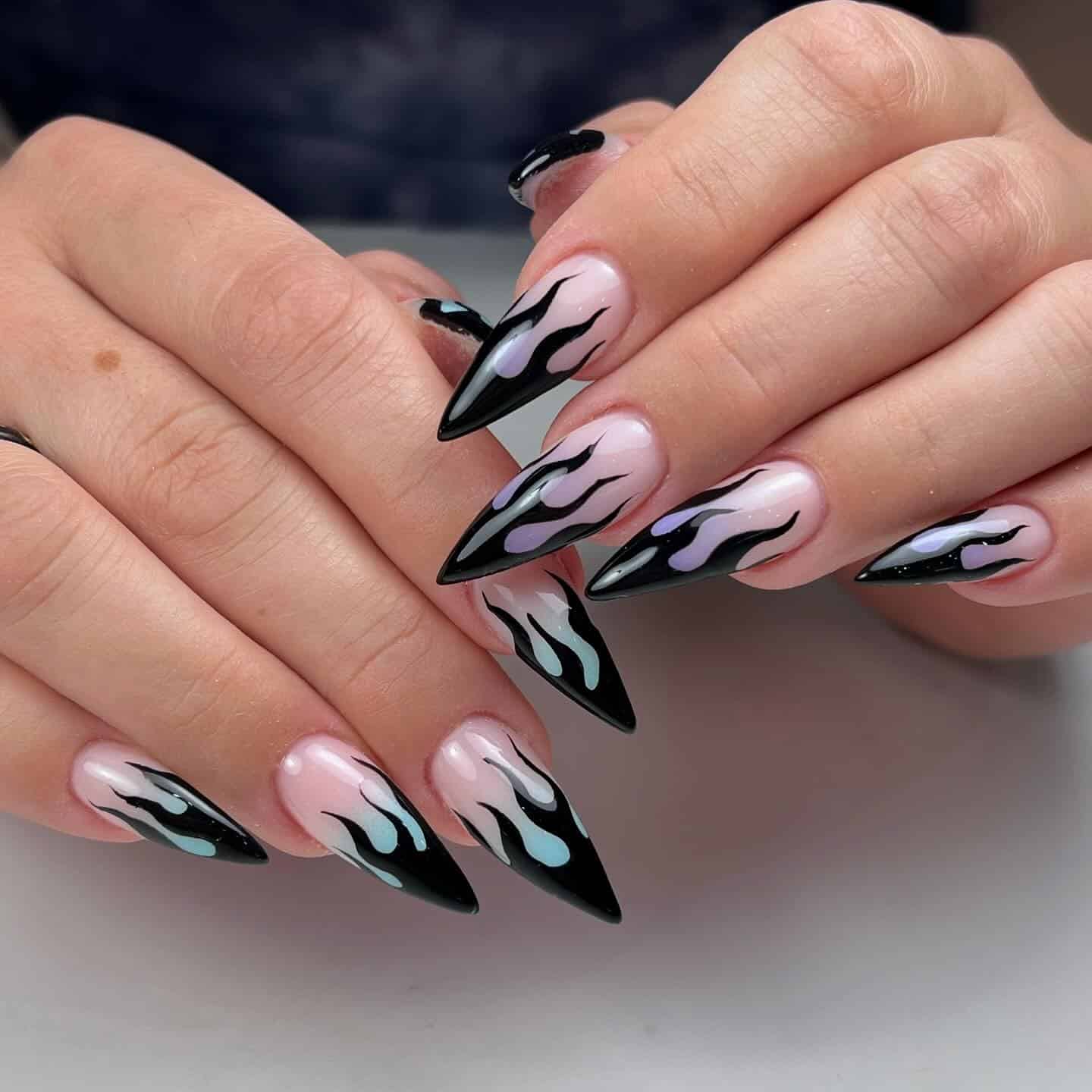 3. Black and Pastel Flame Stiletto Nails - flame nail ideas