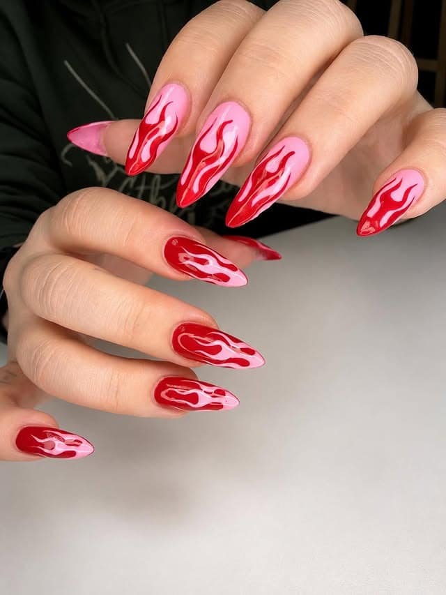 5. Red and Pink Flame Stiletto Nails - flame nail ideas