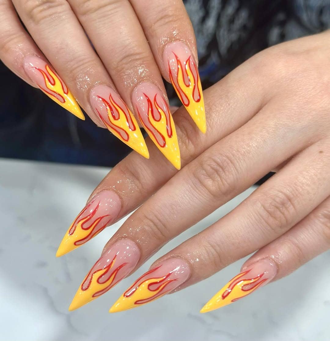 6. Yellow and Orange Flame Stiletto Nails - flame nail ideas