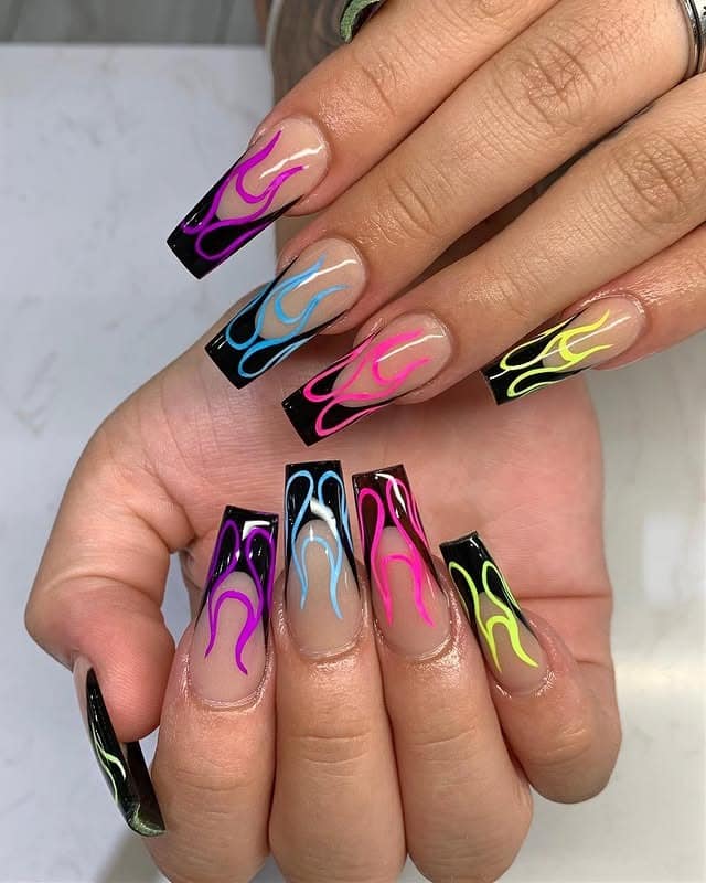 11. Neon Rainbow Flame Square Nails - flame nail ideas