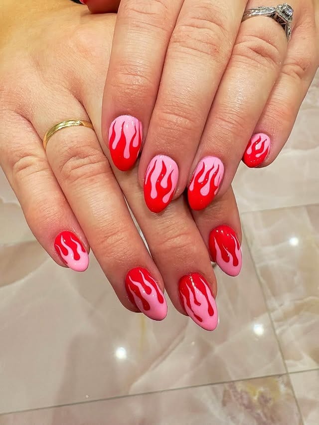 14. Red and Pink Flame Short Almond Nails - flame nail ideas