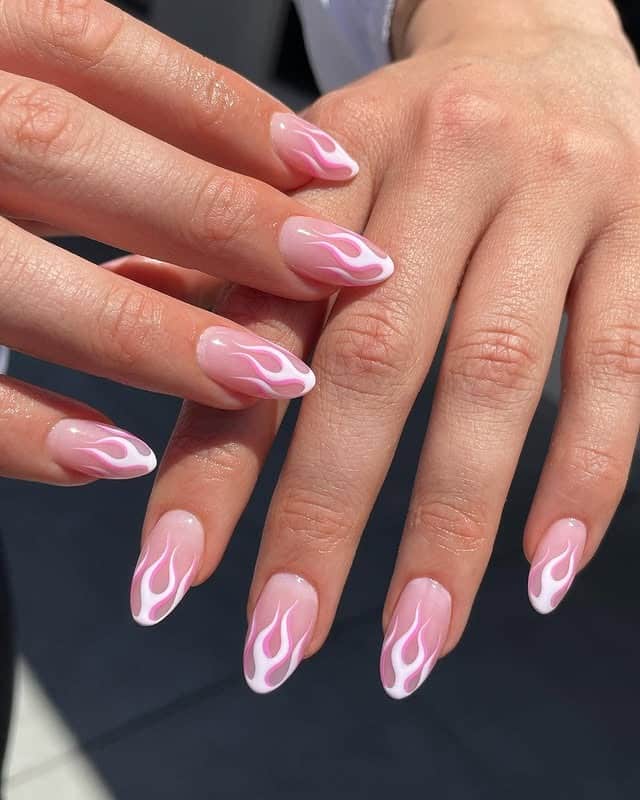15. Light Pink and White Flame Almond Nails - flame nail ideas