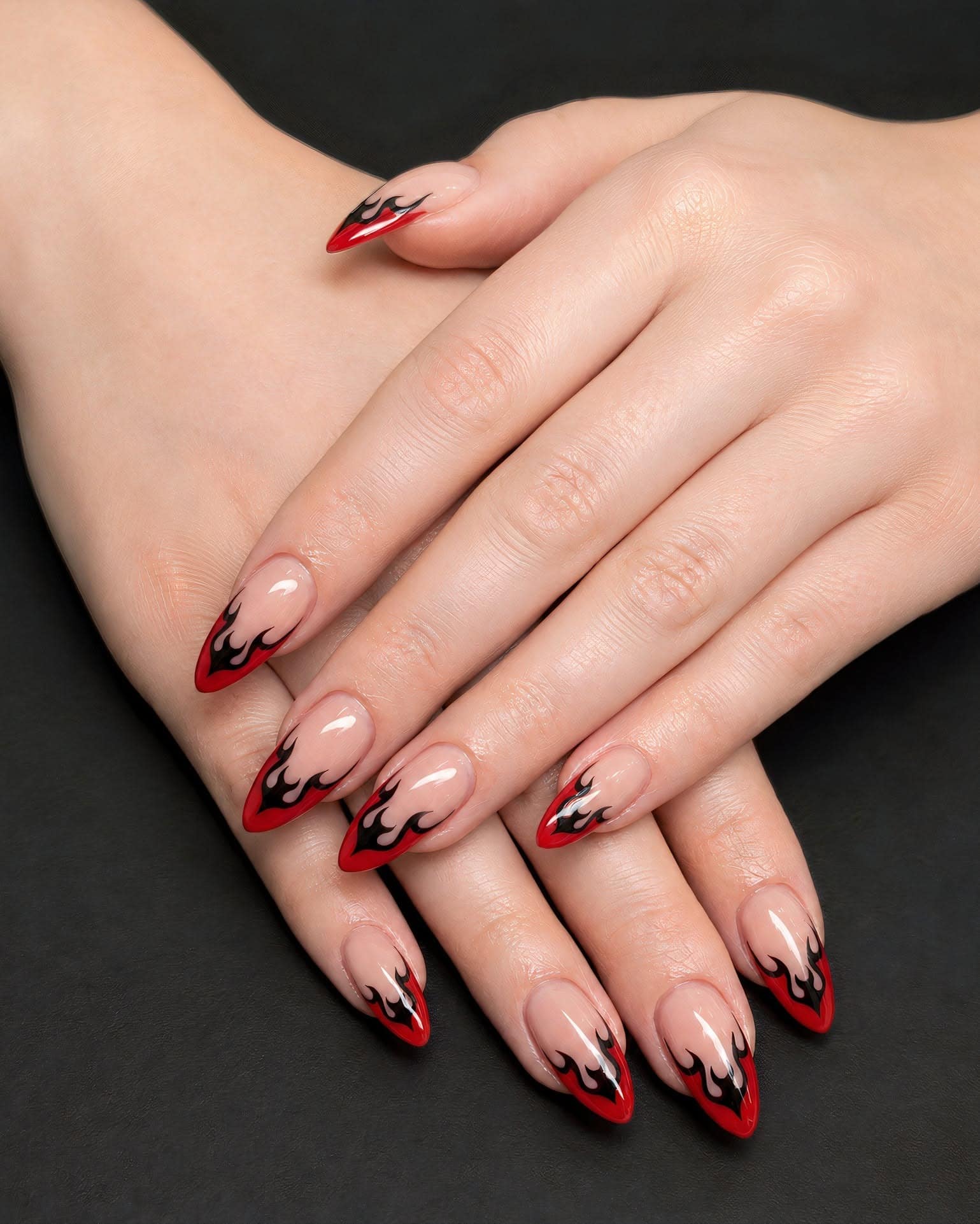 17. Red and Black Flame Stiletto Nails - flame nail ideas