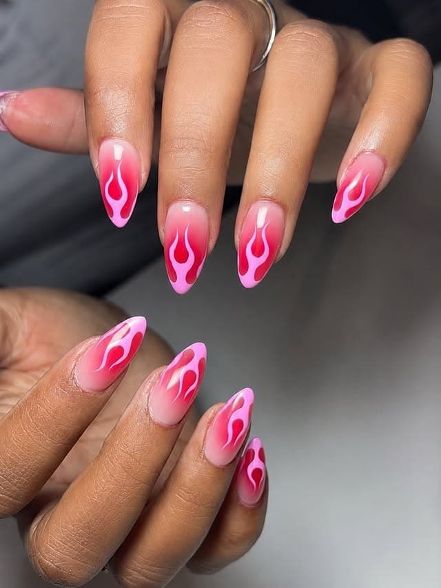 18. Pink and Red Flame Ombre Almond Nails - flame nail ideas