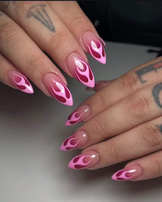 20. Burgundy and Baby Pink Flame Almond Nails - flame nail ideas