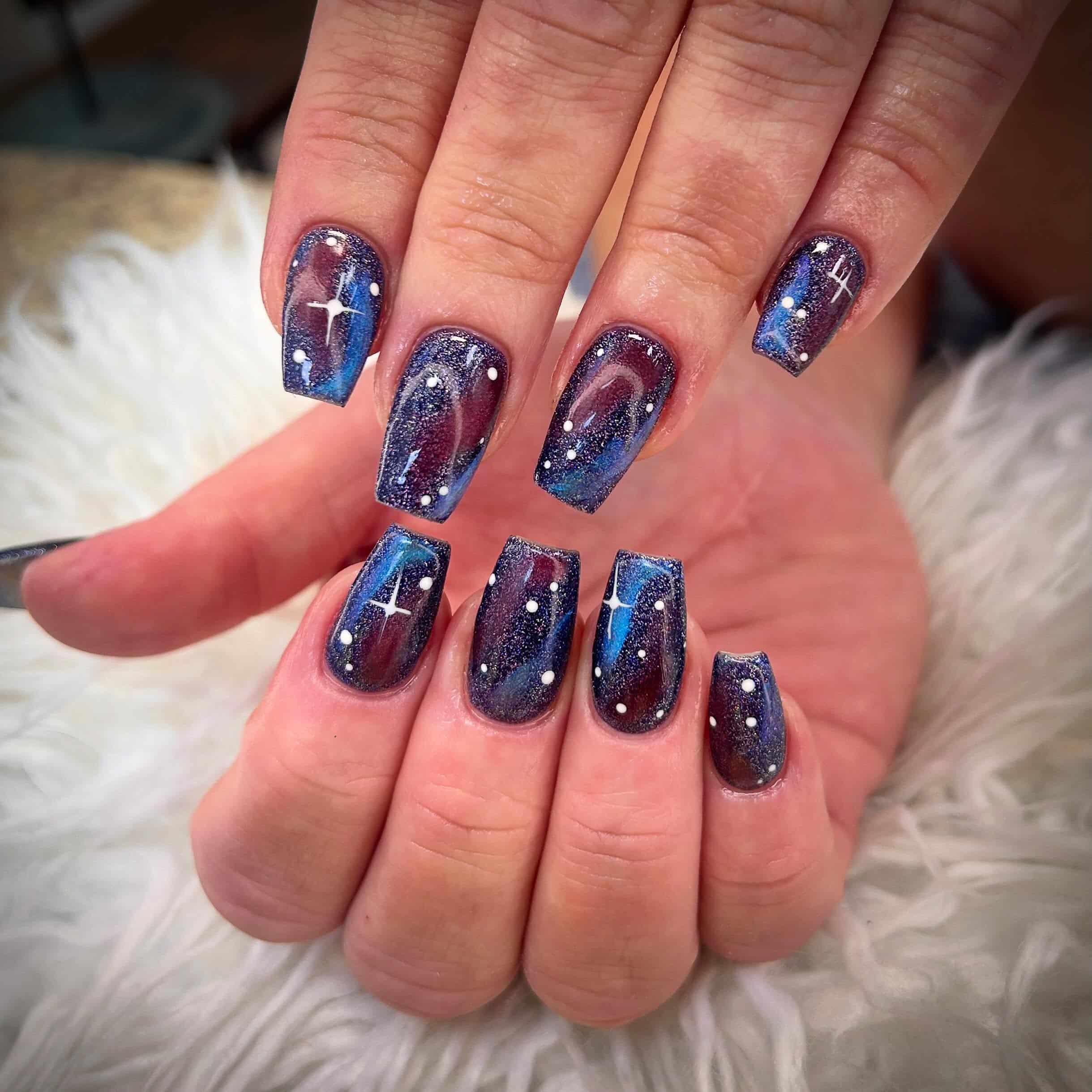 4. Purple and Blue Glitter Galaxy Square Nails - galaxy nail ideas