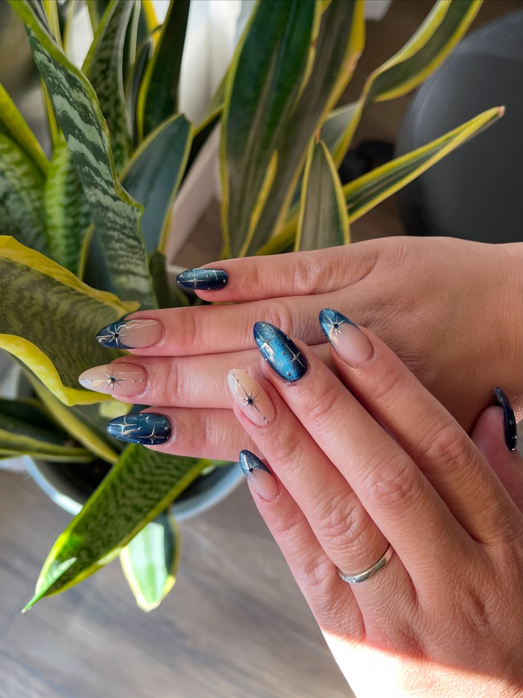 6. Navy Blue Galaxy French Tip Almond Nails - galaxy nail ideas
