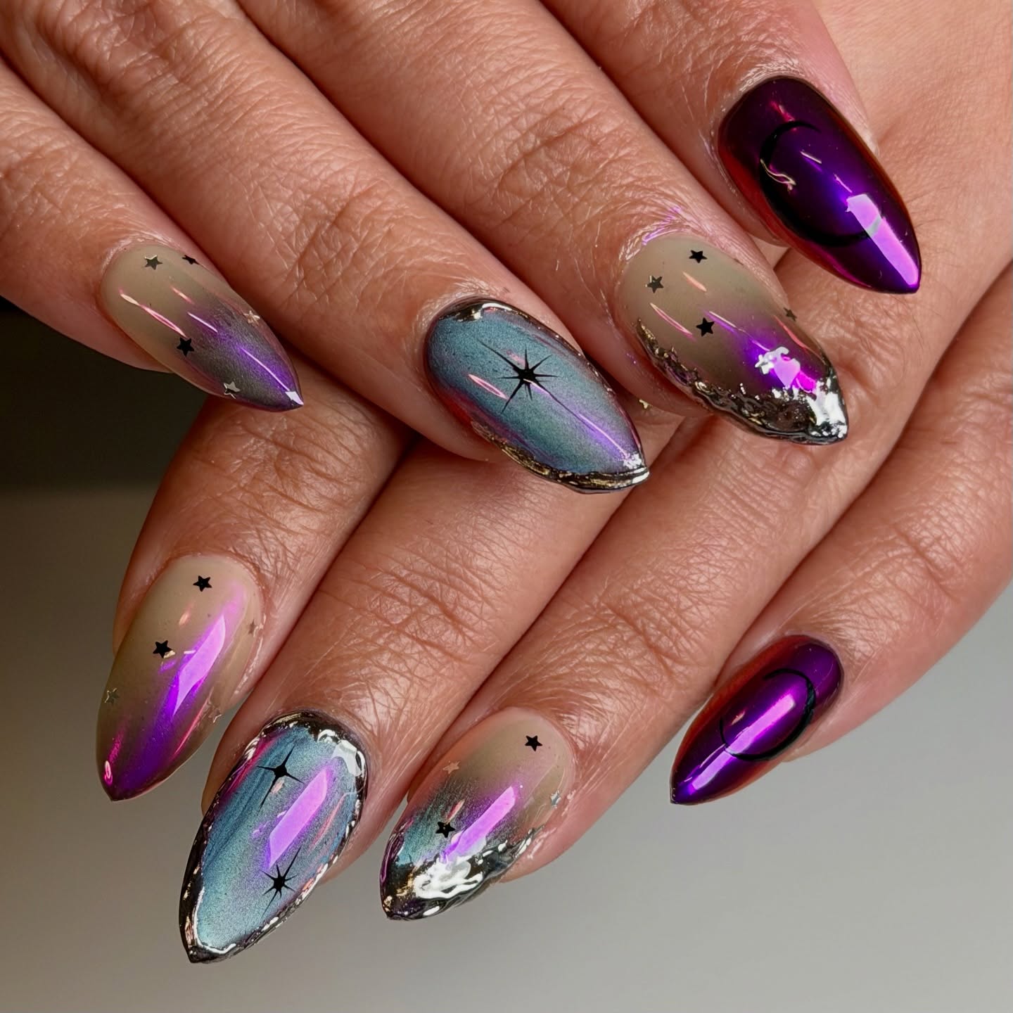 8. Purple Chrome and Silver Galaxy Almond Nails - galaxy nail ideas