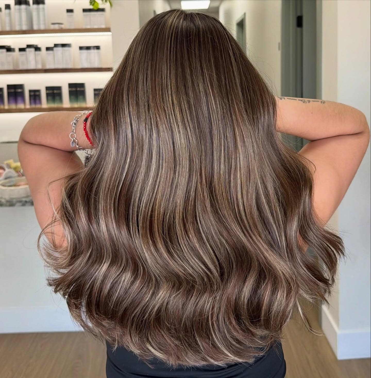 11. Mushroom Brown Highlights on Long Layered Waves - Hair Color with Highlights