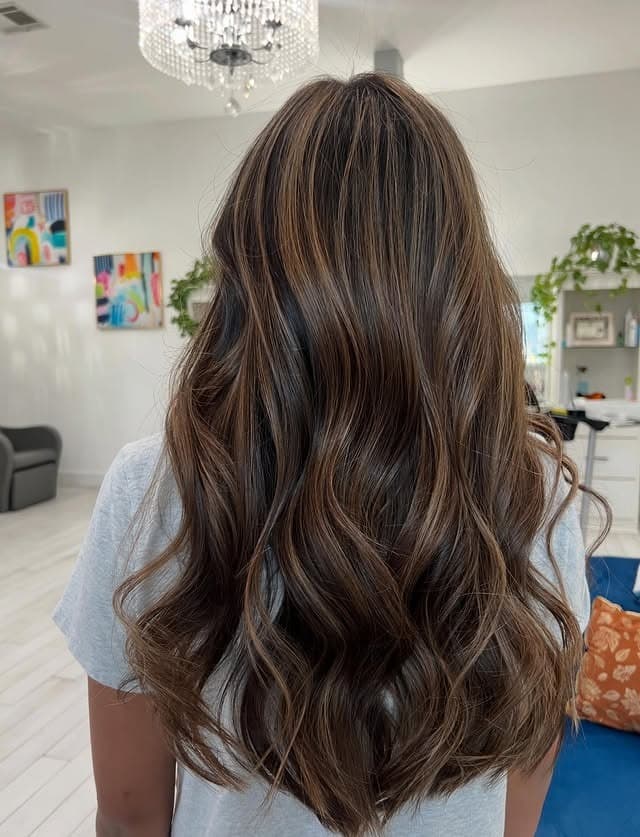 16. Chestnut Brown Highlights on Long Cascading Waves - Hair Color with Highlights