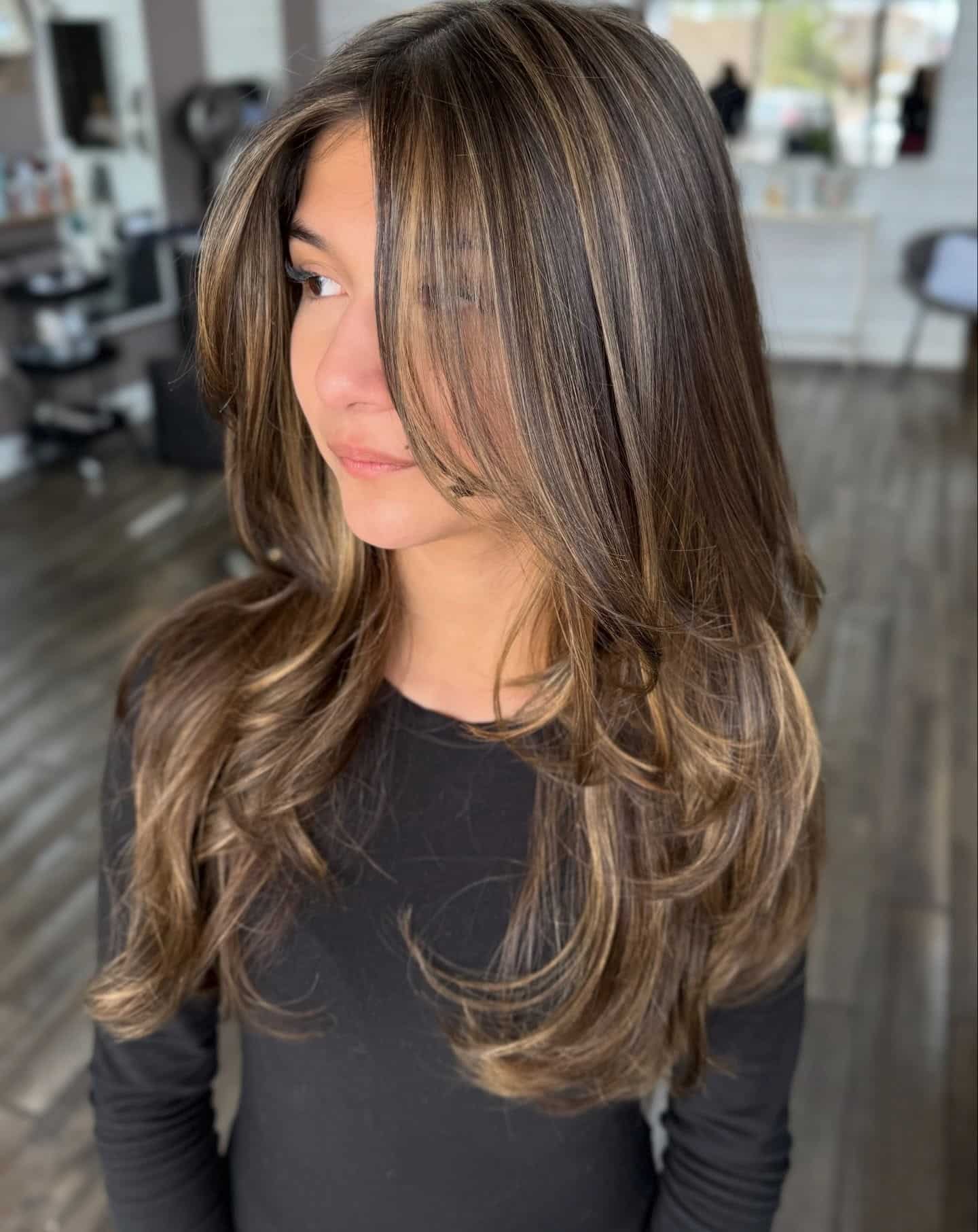 21. Caramel Blonde Highlights on Long Butterfly Layers - Hair Color with Highlights