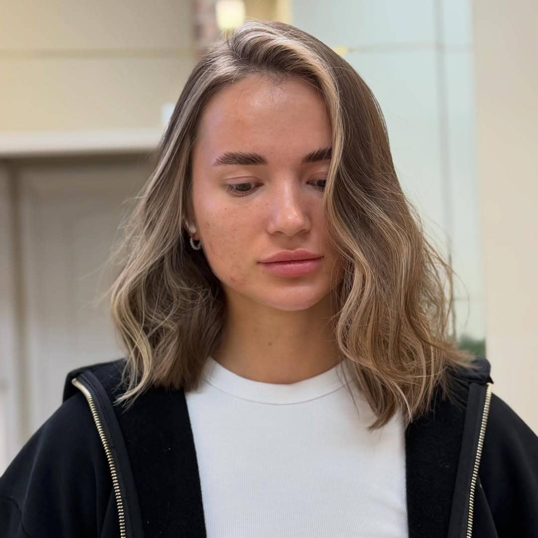 2. Ash Brown Wavy Lob with Beige Blonde Highlights - Chic-Length Hairstyles