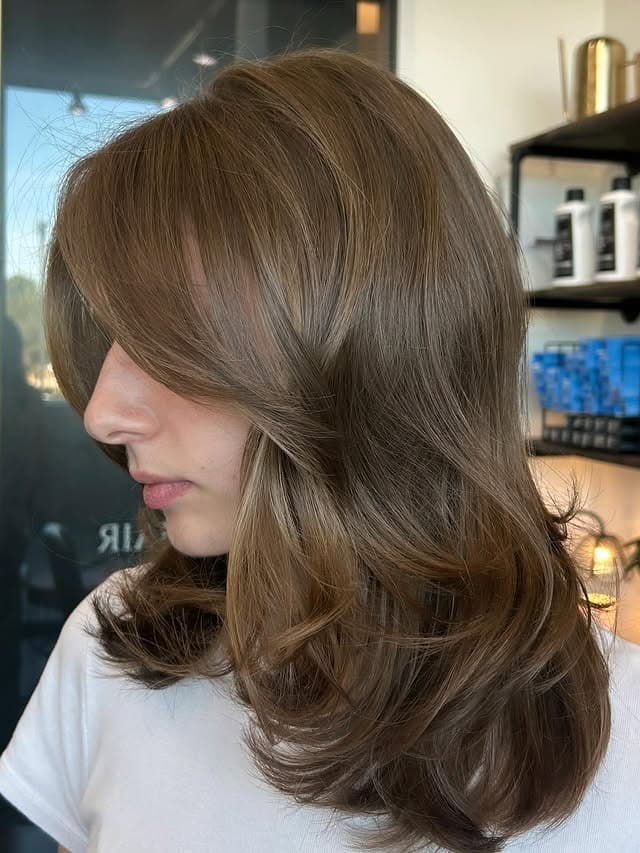 9. Cool Beige Brown Layered Lob with Voluminous Blowout - Chic-Length Hairstyles