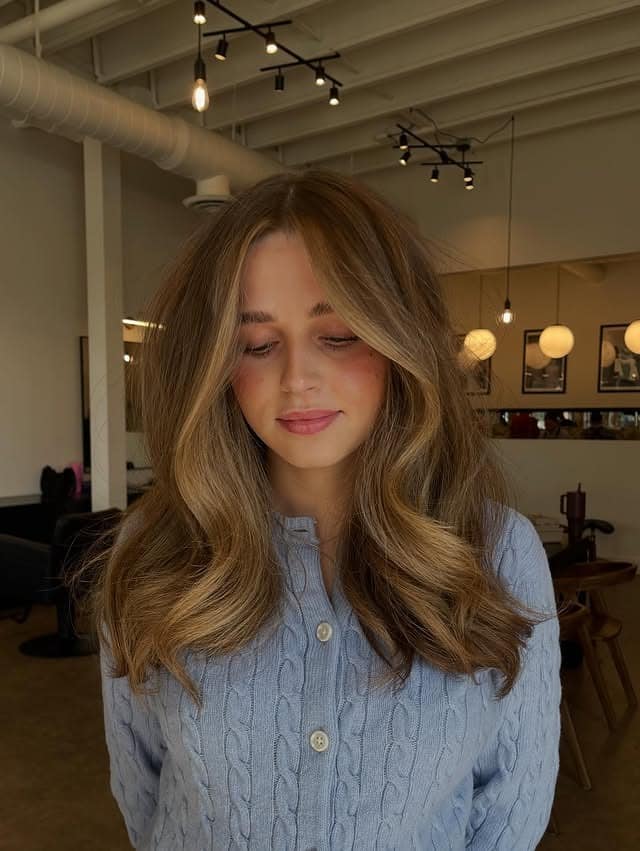 19. Honey Caramel Blonde Shoulder-Length Hair with Soft Curtain Bangs - Chic-Length Hairstyles