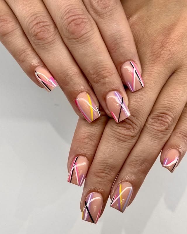 1. Pastel Multicolor Geometric Line Nails - geometric nail ideas