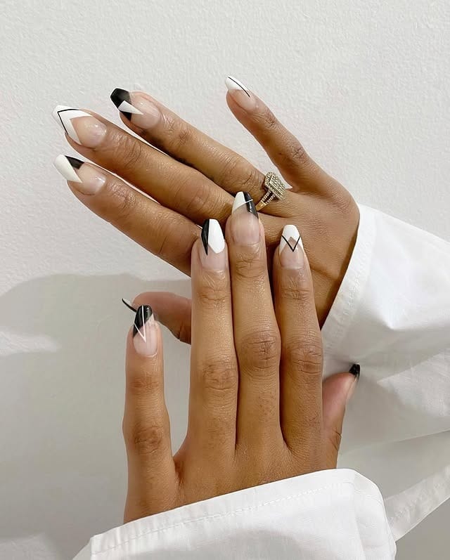 2. Black and White Geometric French Tip Nails - geometric nail ideas