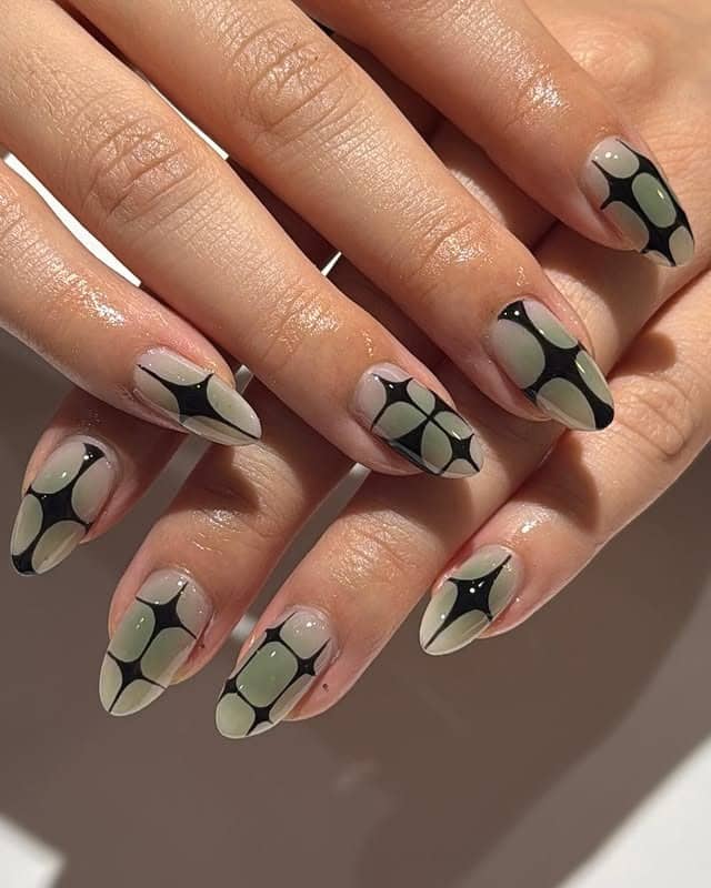 6. Olive Green and Black Geometric Almond Nails - geometric nail ideas