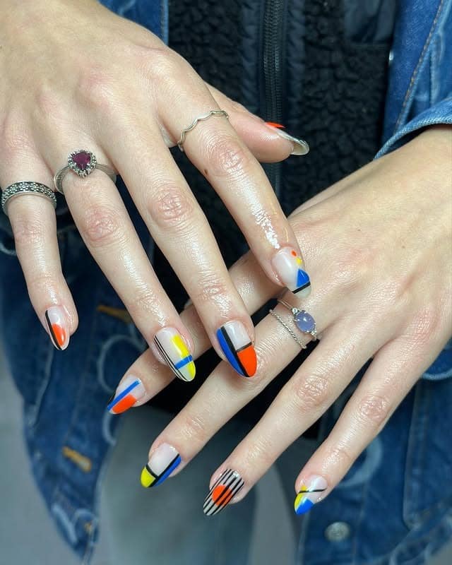 8. Blue, Orange, and Yellow Color Block Geometric Nails - geometric nail ideas