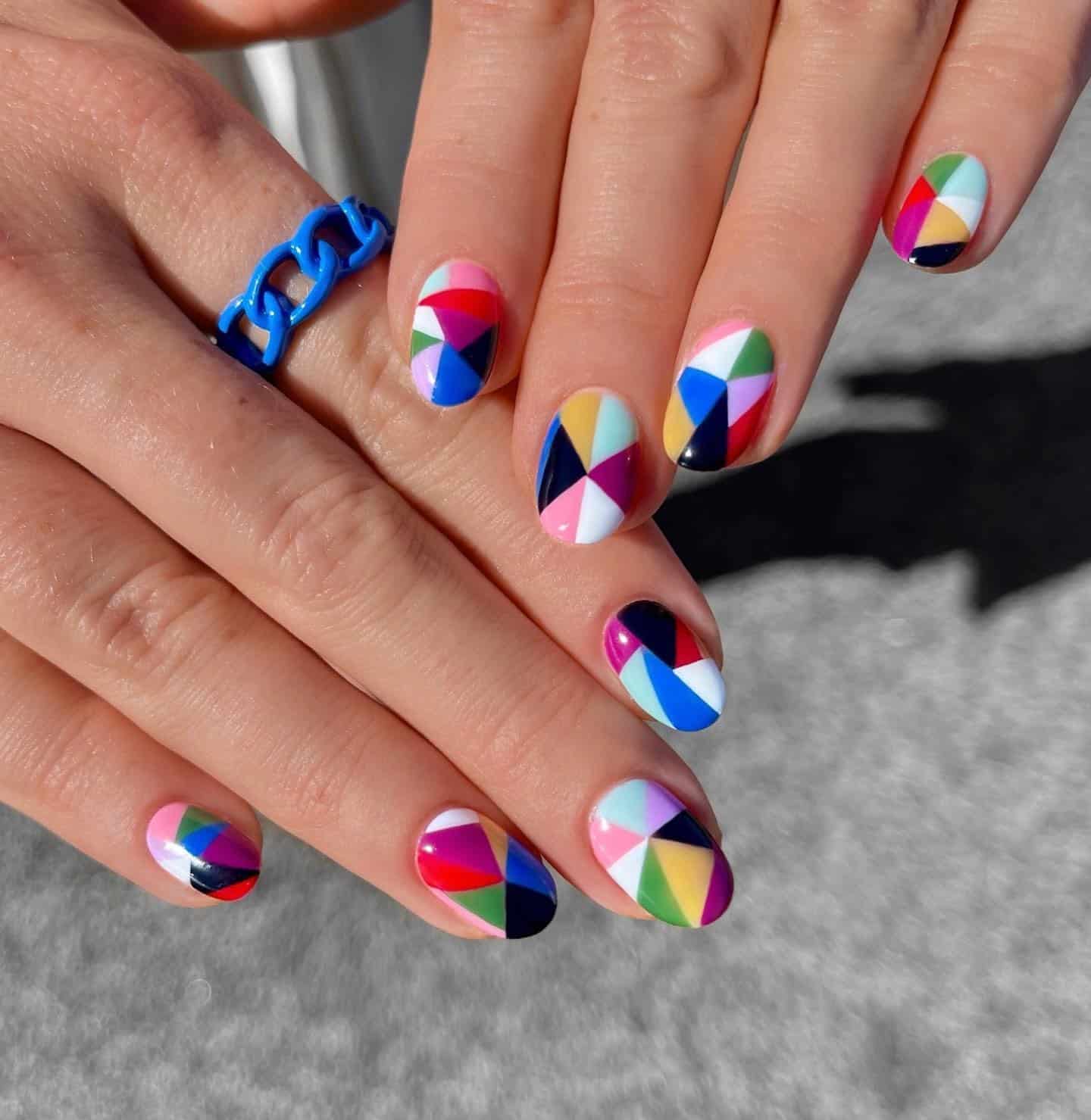 10. Rainbow Geometric Color Block Short Nails - geometric nail ideas