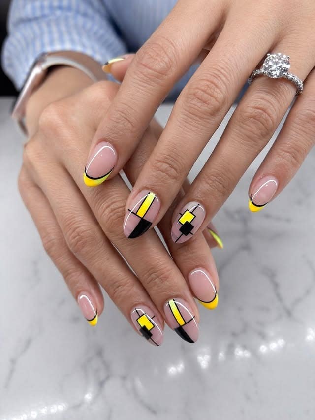 12. Yellow and Black Geometric French Tip Nails - geometric nail ideas