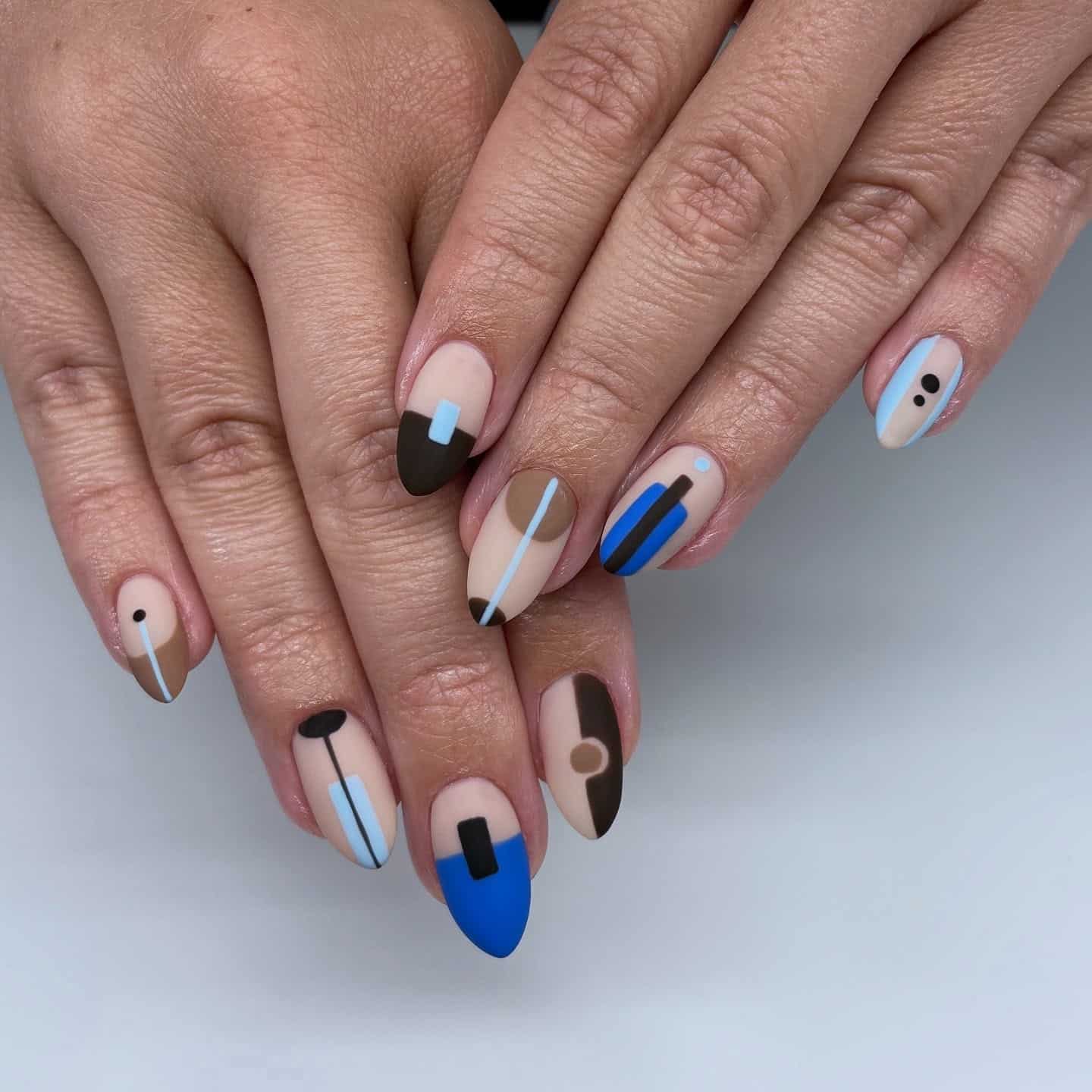 13. Matte Blue and Brown Minimalist Geometric Nails - geometric nail ideas